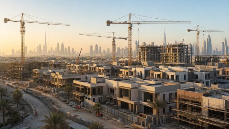 Dubai residential towers under construction at sunrise, representing new off-plan mortgage financing partnerships between developers and banks