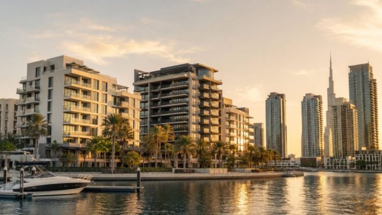 Apartment towers on Dubai Islands at dusk, the top district for apartment sales as Indian investors in Dubai real estate led all foreign buyers in H1 2026