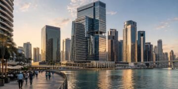 Grade A office towers along the Business Bay canal at dusk, the district driving Dubai off-plan office sales in the first half of 2026