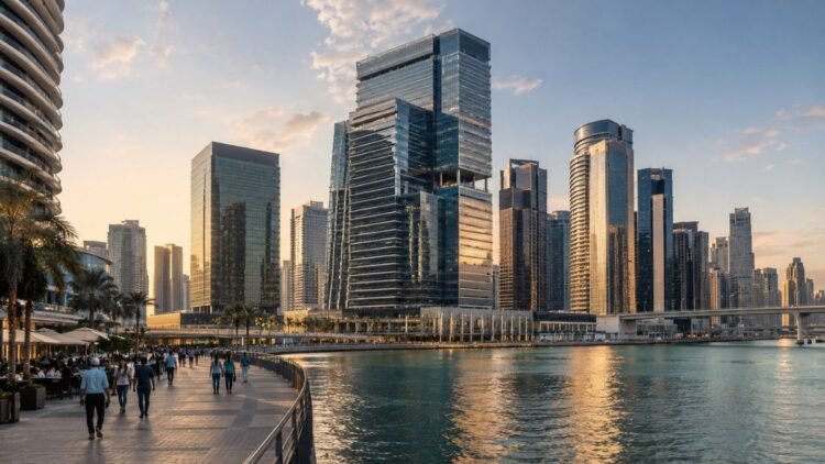 Grade A office towers along the Business Bay canal at dusk, the district driving Dubai off-plan office sales in the first half of 2026