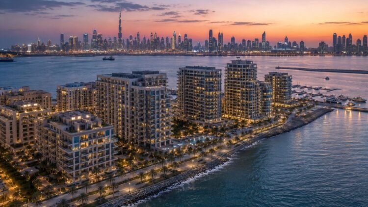 Waterfront branded apartment towers at Dubai Maritime City, the coastal district behind Dubai football-branded residences such as DAMAC's Chelsea project