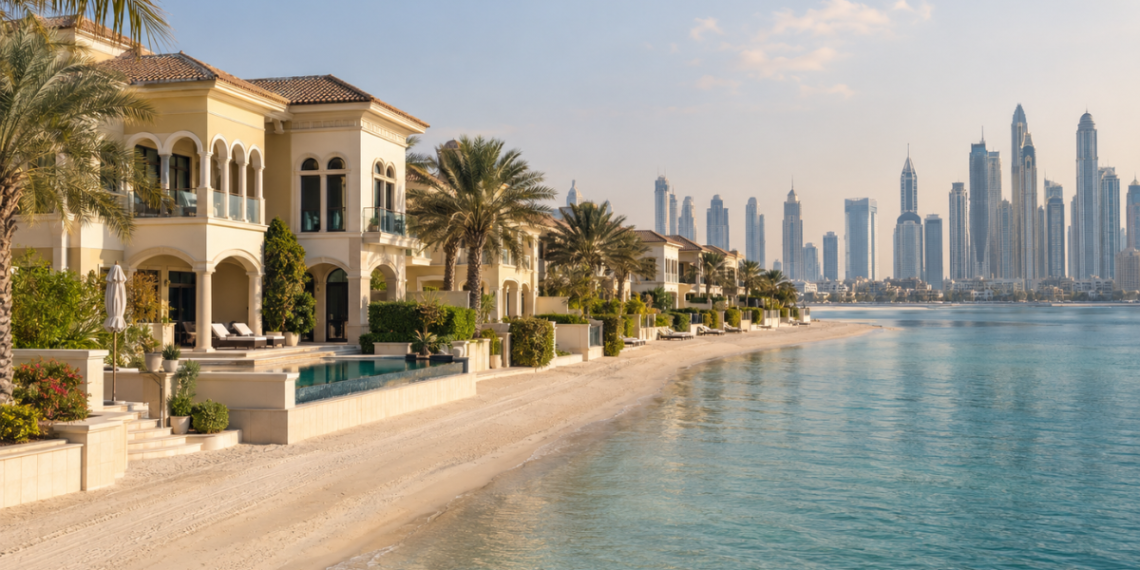 Waterfront villas on Palm Jumeirah at dusk, representing the Dubai luxury property market