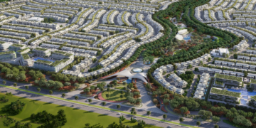 Townhouse clusters under construction at the Azizi Florence Sharjah masterplan in Umm Fanain