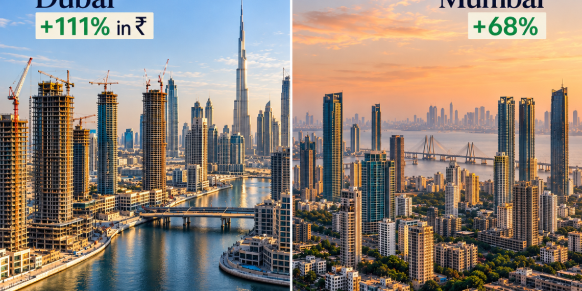 Split image of Dubai off-plan towers under construction and the Mumbai skyline, comparing price growth since 2020