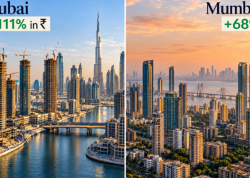 Split image of Dubai off-plan towers under construction and the Mumbai skyline, comparing price growth since 2020