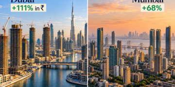 Split image of Dubai off-plan towers under construction and the Mumbai skyline, comparing price growth since 2020