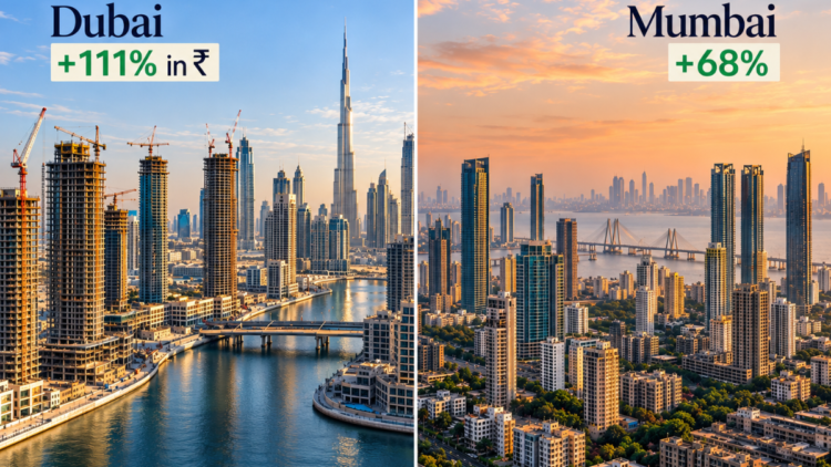 Split image of Dubai off-plan towers under construction and the Mumbai skyline, comparing price growth since 2020