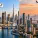 Split image of Dubai off-plan towers under construction and the Mumbai skyline, comparing price growth since 2020