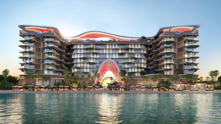 Topped-out concrete frame of The Unexpected Al Marjan Island Hotel & Residences in Ras Al Khaimah with façade work under way.