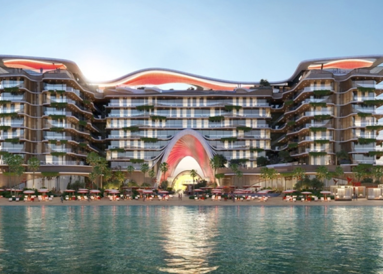 Topped-out concrete frame of The Unexpected Al Marjan Island Hotel & Residences in Ras Al Khaimah with façade work under way.